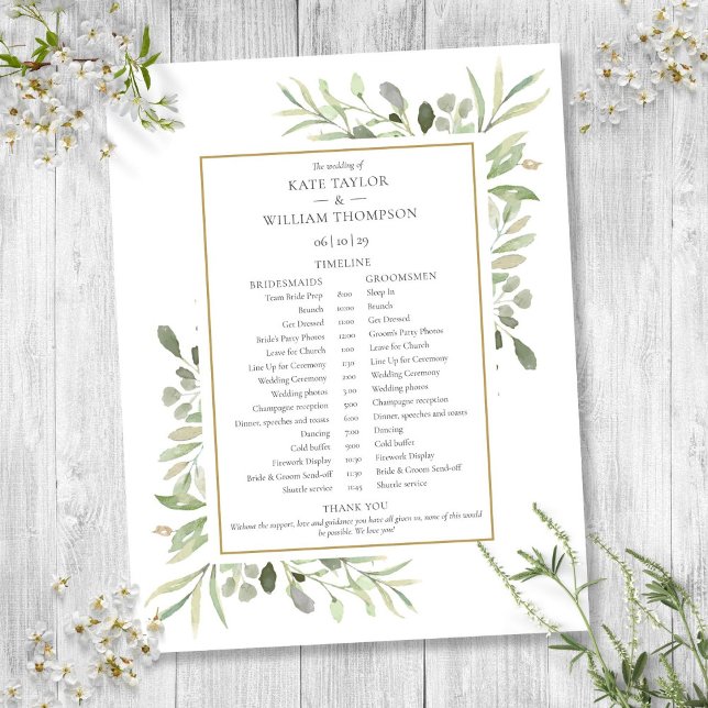Horaire du calendrier Mariage de verdure d'aquarel (Watercolor Greenery Wedding Schedule Timeline)