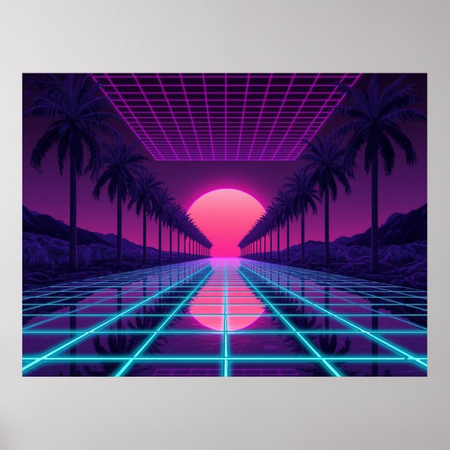 Horizon Synthwave Rétro - Affiche Néon Grille & Pa (Devant)