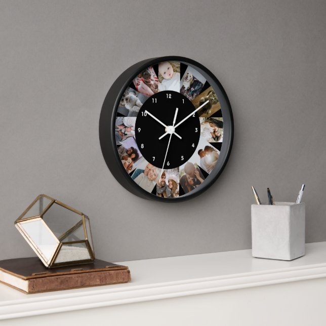 Horloge 12 Photo Collage Personalized Black White (Bureau)