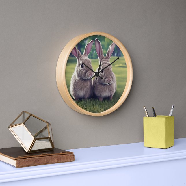 Horloge 2 lapins mignons à l'horloge de champ (Créateur téléchargé)