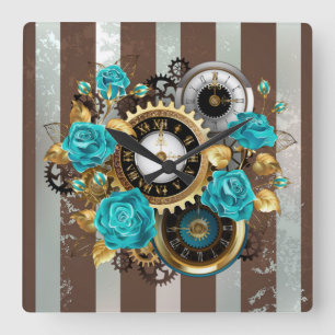 Horloge à vapeur et Roses turquoise sur le sol