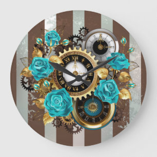Horloge à vapeur et Roses turquoise sur le sol
