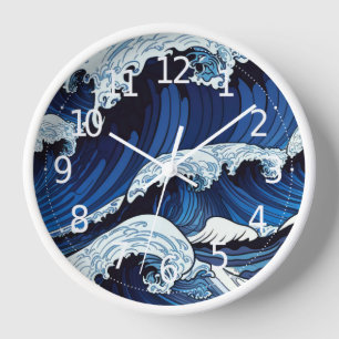 Horloge Abstrait Blue Ocean Waves Art de style japonais