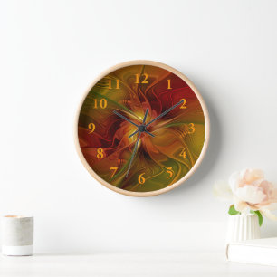 Horloge Abstrait Rouge Orange Brown Vert Fractal Art Flowe
