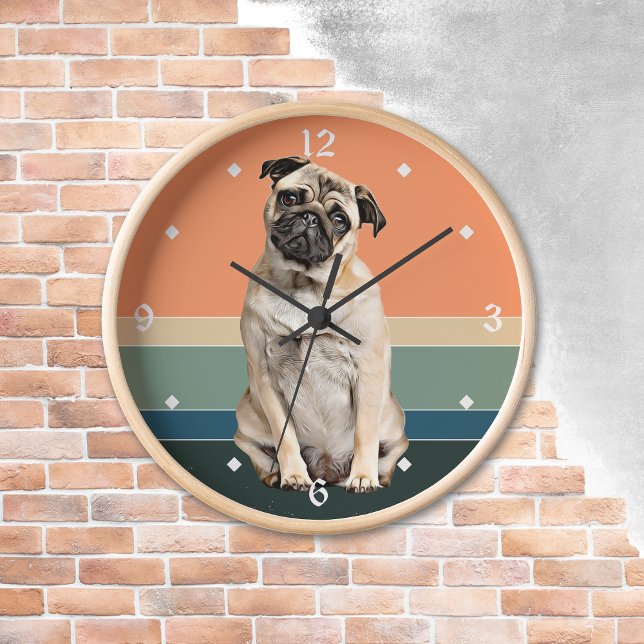 Horloge Adorable Pug Dog Retro Sunset Clock (Créateur téléchargé)
