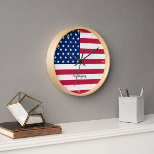 Horloge American USA Flag Patriotic Home Bureau Nom du déc