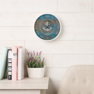 Horloge Ancre nautique en bois antique aqua