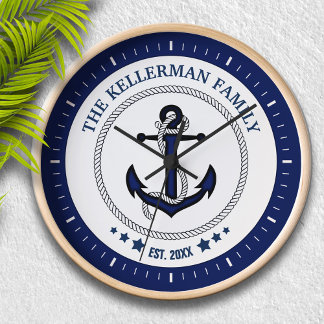 Horloge Ancre nautique et nom de famille personnalisé