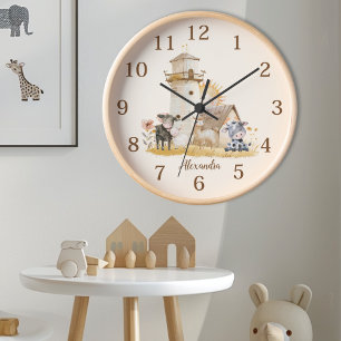 Horloge Animaux de ferme d'aquarelle mignonne personnalisé