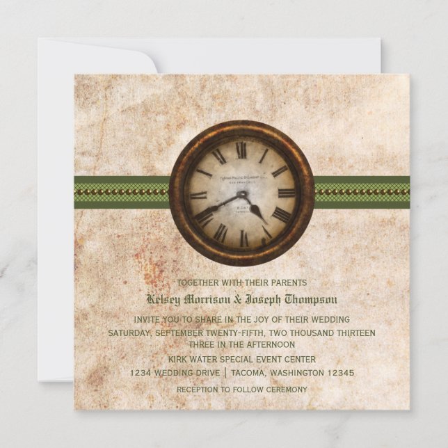 Horloge antique Faire-part de mariage, vert (Devant)