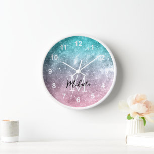 Horloge Aqua blue Pink ombre mer galaxie abstraite Monogra