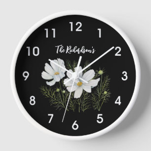 Horloge Aquarelle Blanc Cosmos Fleurs Peinture Botanique