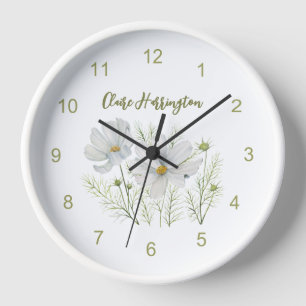 Horloge Aquarelle Blanc Cosmos Fleurs Peinture Botanique