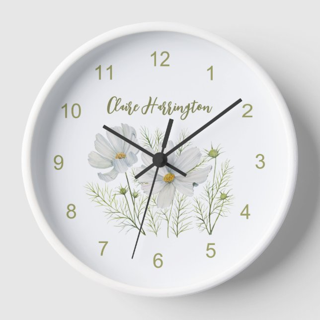 Horloge Aquarelle Blanc Cosmos Fleurs Peinture Botanique (Recto)