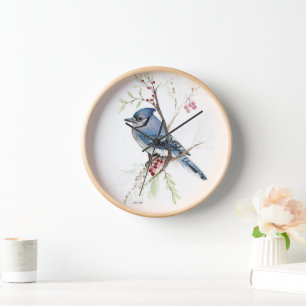 Horloge Aquarelle Blue Jay Bird Décor mur