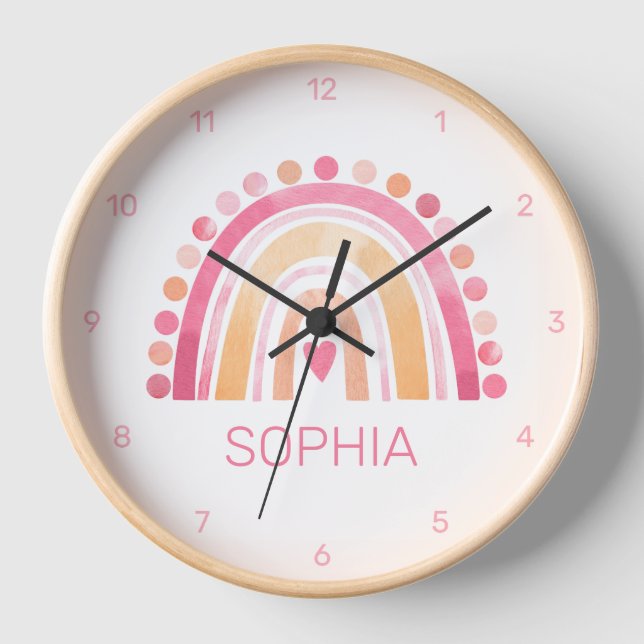 Horloge Aquarelle Boho mignonne arc-en-ciel en cadran rose (Recto)