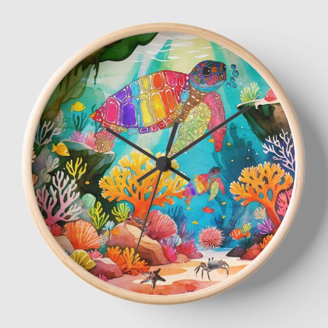 Horloge Aquarelle colorée Tortue de mer (Recto)