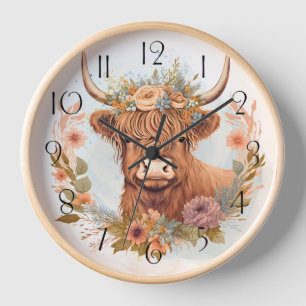 Horloge Aquarelle de vache à hautes terres florales