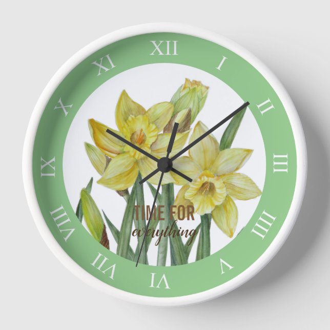 Horloge Aquarelle Jaune Daffodiles Chiffres Romains (Recto)