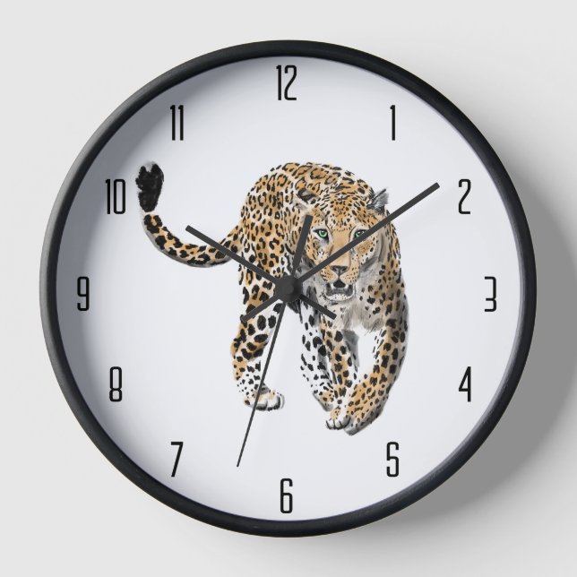 Horloge aquarelle léopard jungle chat animal peint vert (Recto)
