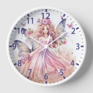 Horloge Aquarelle mignonne Fée Rose Papillons Fille