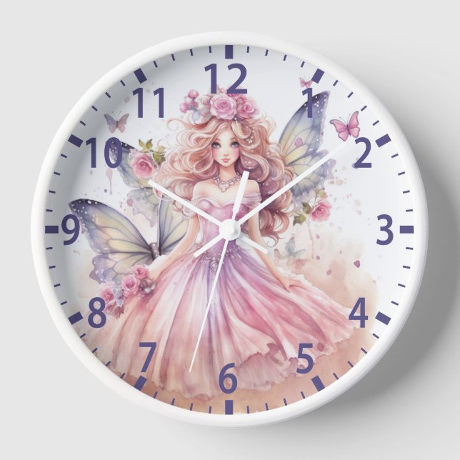 Horloge Aquarelle mignonne Fée Rose Papillons Fille (Recto)