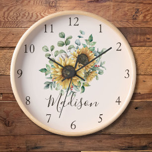 Horloge Aquarelle monogramme Vintage Tournesol rustique