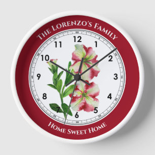 Horloge Aquarelle Pétunias roses et blancs Cercle rouge