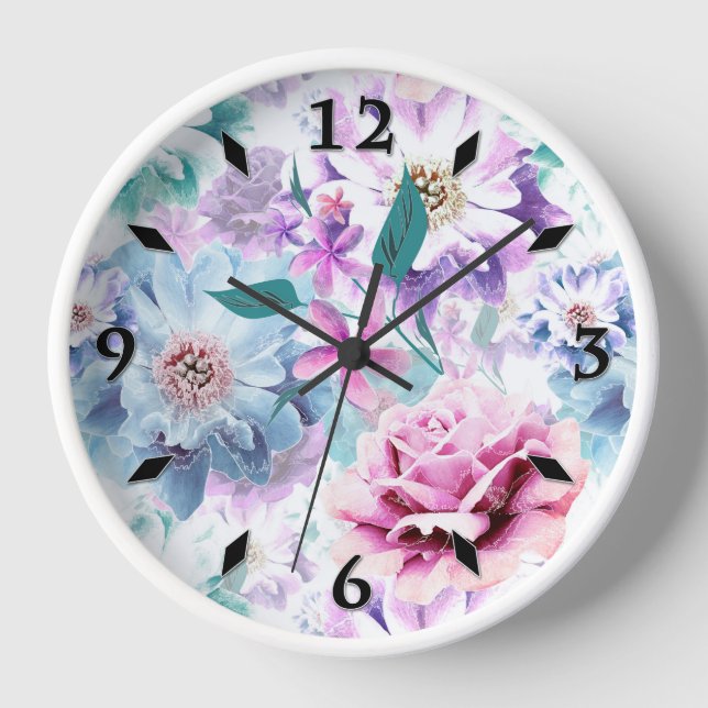 Horloge Aquarelle rose, fleurs bleues. (Recto)
