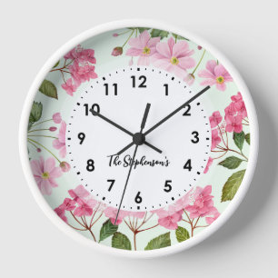 Horloge Aquarelle rose Hydrangea et anémone japonaise