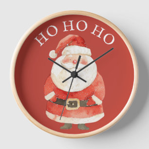Horloge Aquarelle Santa Claus HO HO HO mignon Noël Rouge