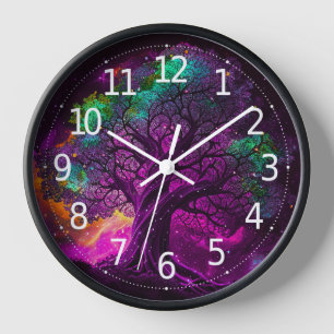Horloge Arbre Violet Coloré Étoiles Univers Art  