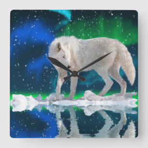 Horloge arctique d'art de faune de loup, de neige