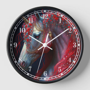 Horloge Art de l'Imaginaire de la licorne rouge