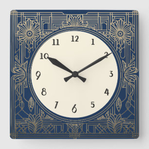 Horloge Art Déco carré dans Marine Bleu foncé et O