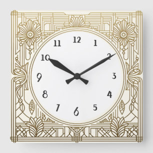 Horloge Art Déco carré en Crème Blanc et Or