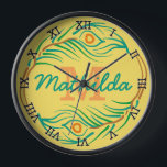 Horloge Art Deco Peacock Feather Monogram Stencil<br><div class="desc">Ce magnifique design moderne et décoré d'horloge murale en pochoir ressemble à un style Art Déco/Art Nouveau vintage des années 20. Au centre, vous pouvez ajouter votre nom et votre monogramme à l'intérieur du cercle constitué d'un motif abstrait de plumes de paon. Les chiffres de l'horloge sont noirs, les chiffres...</div>