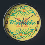 Horloge Art Deco Peacock Feather Monogram Stencil<br><div class="desc">Ce magnifique design moderne et décoré d'horloge murale en pochoir ressemble à un style Art Déco/Art Nouveau vintage des années 20. Au centre, vous pouvez ajouter votre nom et votre monogramme à l'intérieur du cercle constitué d'un motif abstrait de plumes de paon. Les chiffres de l'horloge sont noirs, les chiffres...</div>