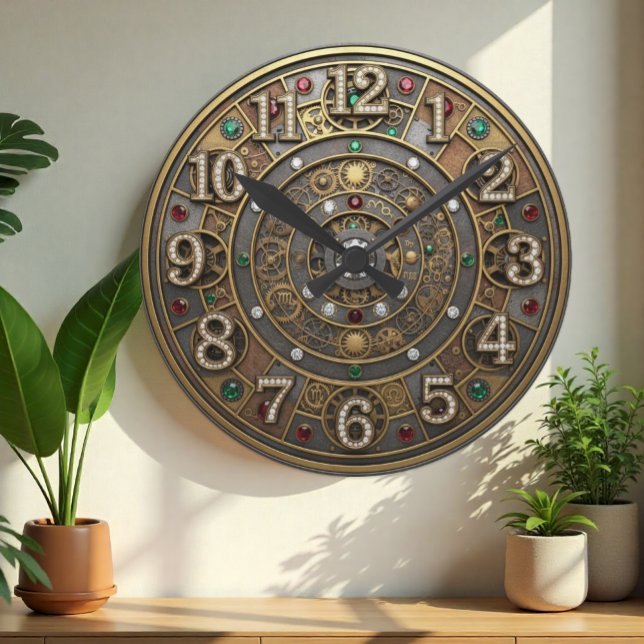 Horloge astrologique, Steampunk, Industriel, Gems (Industrial Steampunk Mechanical Jeweled Clock)