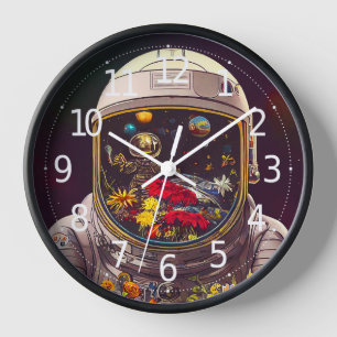 Horloge Astronaute Coloré dans l'Espace avec Fleurs  