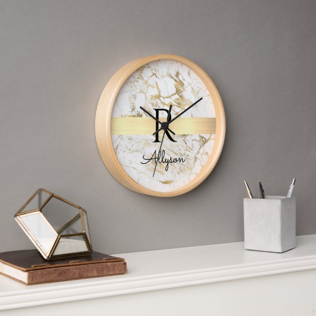 Horloge Barre en or Marbre Blanc et Or, Monogramme de nom  (Bureau)