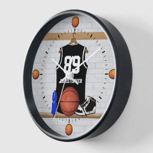 Horloge Basket-ball noir et blanc personnalisé Jersey