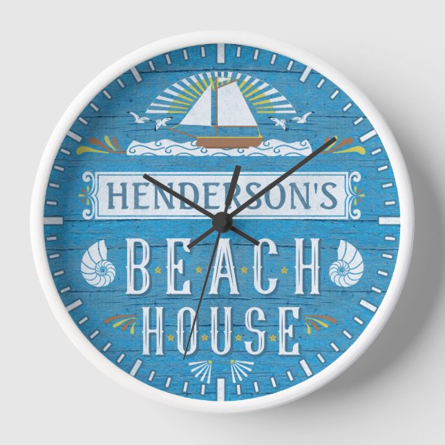 Horloge Beach House Bateau nautique Coques Nom Personnalis (Recto)
