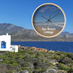 Horloge Beach Sea Sand bleu et blanc Texte photo moderne