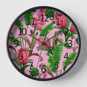 Horloge Beaux Feuilles verts tropicaux aux fleurs rouges