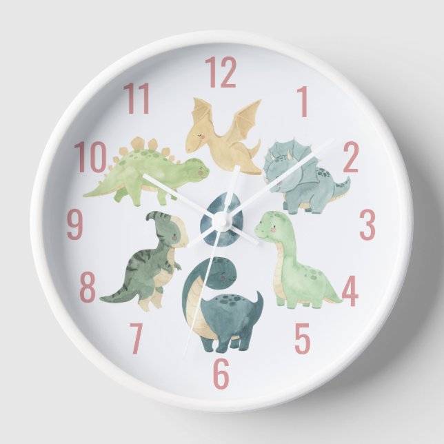 Horloge Bébé Dinosaure Mignon Aquarelle Rose (Recto)
