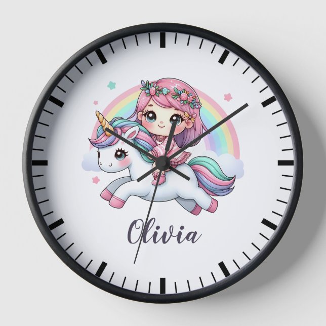 Horloge Bébé fille adorable sur licorne (Recto)