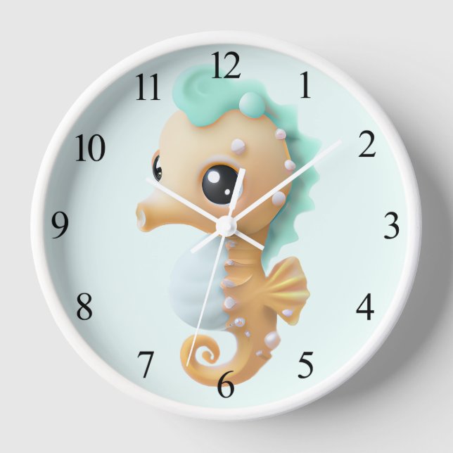 Horloge Bébé hippocampe mignon en bleu-vert et blanc (Recto)