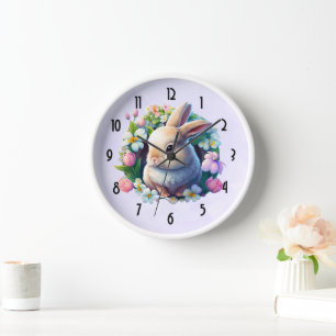 Horloge Bébé lapin en fleurs colorées de printemps