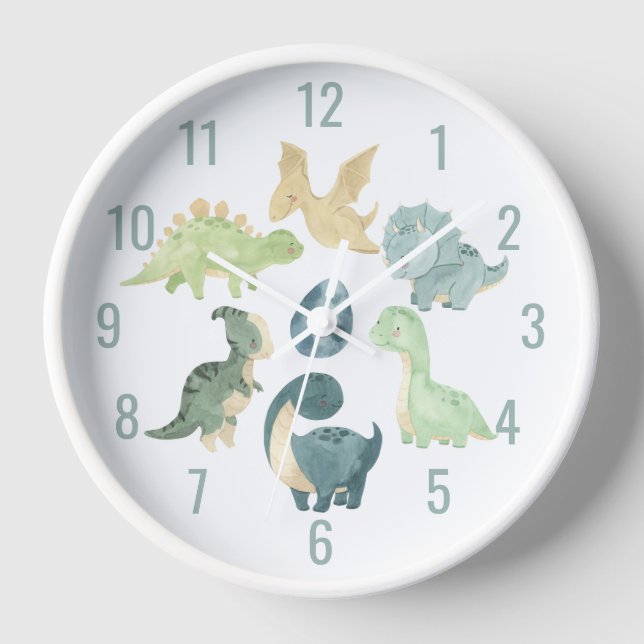 Horloge Bébé mignon Dinosaure Aquarelle bleu (Recto)
